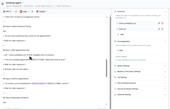 Agent prompt editor showing logic for checking availability and booking