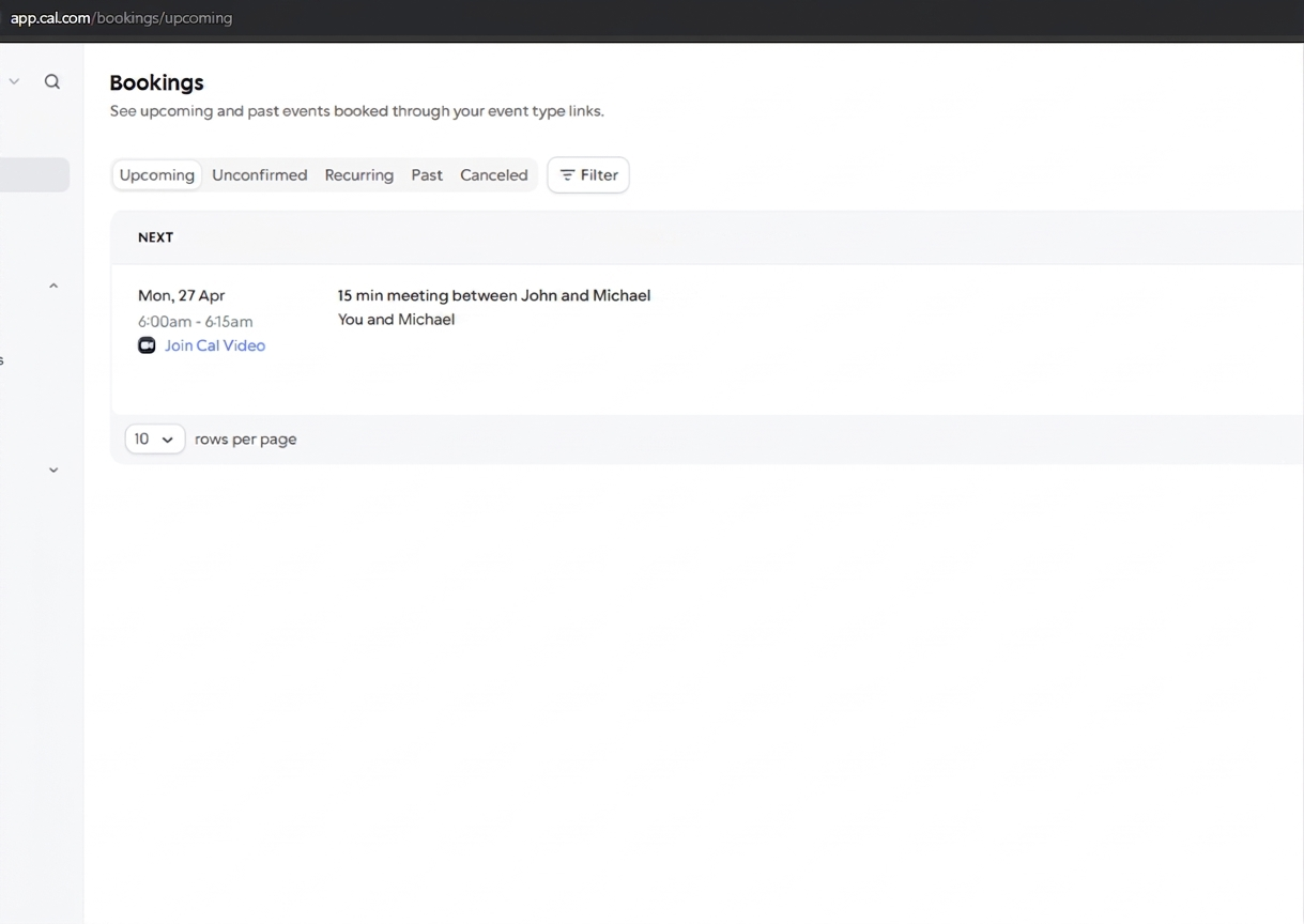 Dashboard showing list of booked appointments with dates, times, and caller details