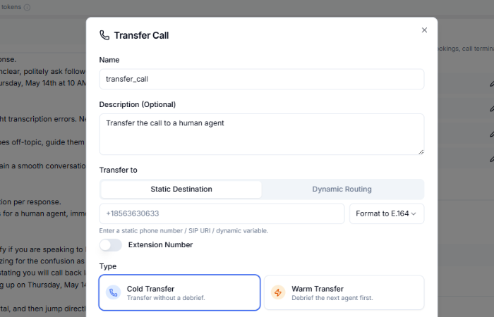 Configuration dialog showing transfer type selection (Cold/Warm) and Transfer To number input
