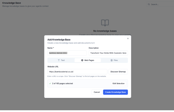 Knowledge Base creation interface